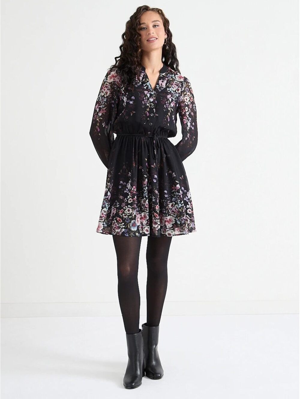 Ricki's Black Floral Long-Sleeve Tie-Waist Dress